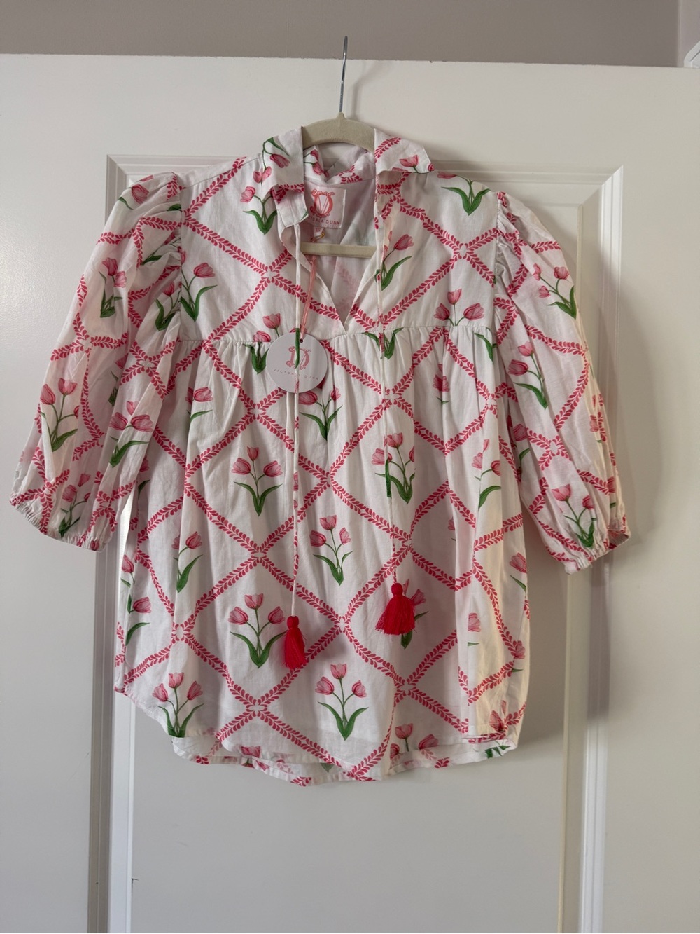 Victoria Dunn Pink Tulip Print Peasant Blouse with Red Tassels